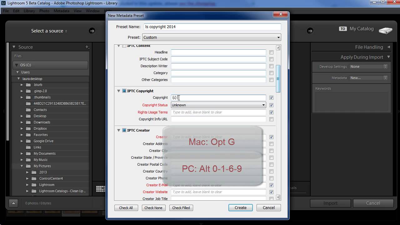 Create and Update Lightroom Copyright Presets