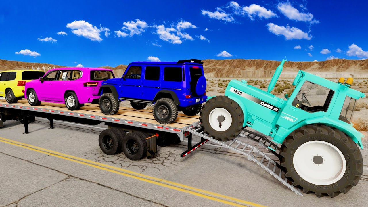 Flatbed Trailer McQueen Transportation with Truck - Speedbumps vs Cars vs Train - BeamNG.Drive #13