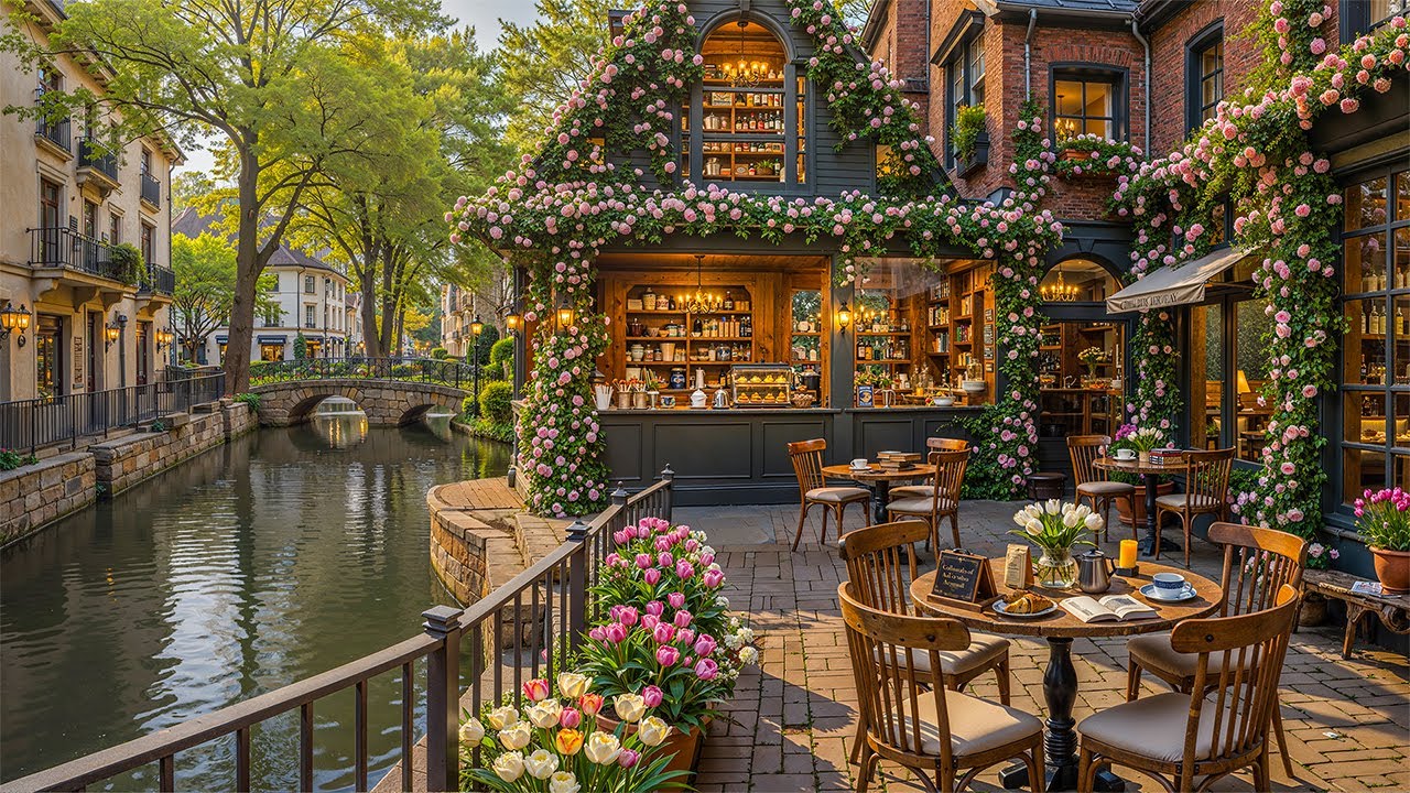 Peaceful Spring Morning at Canalside Caf&eacute; Shop Ambience 🌿 Relaxing Jazz Music for Work, Good Mood