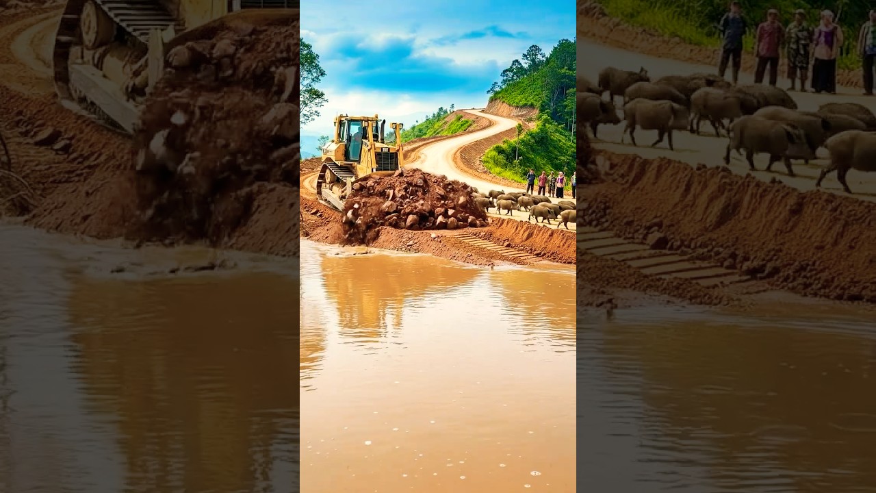 Bulldozer Builds Mountain Road as Livestock Crosses Flooded Path