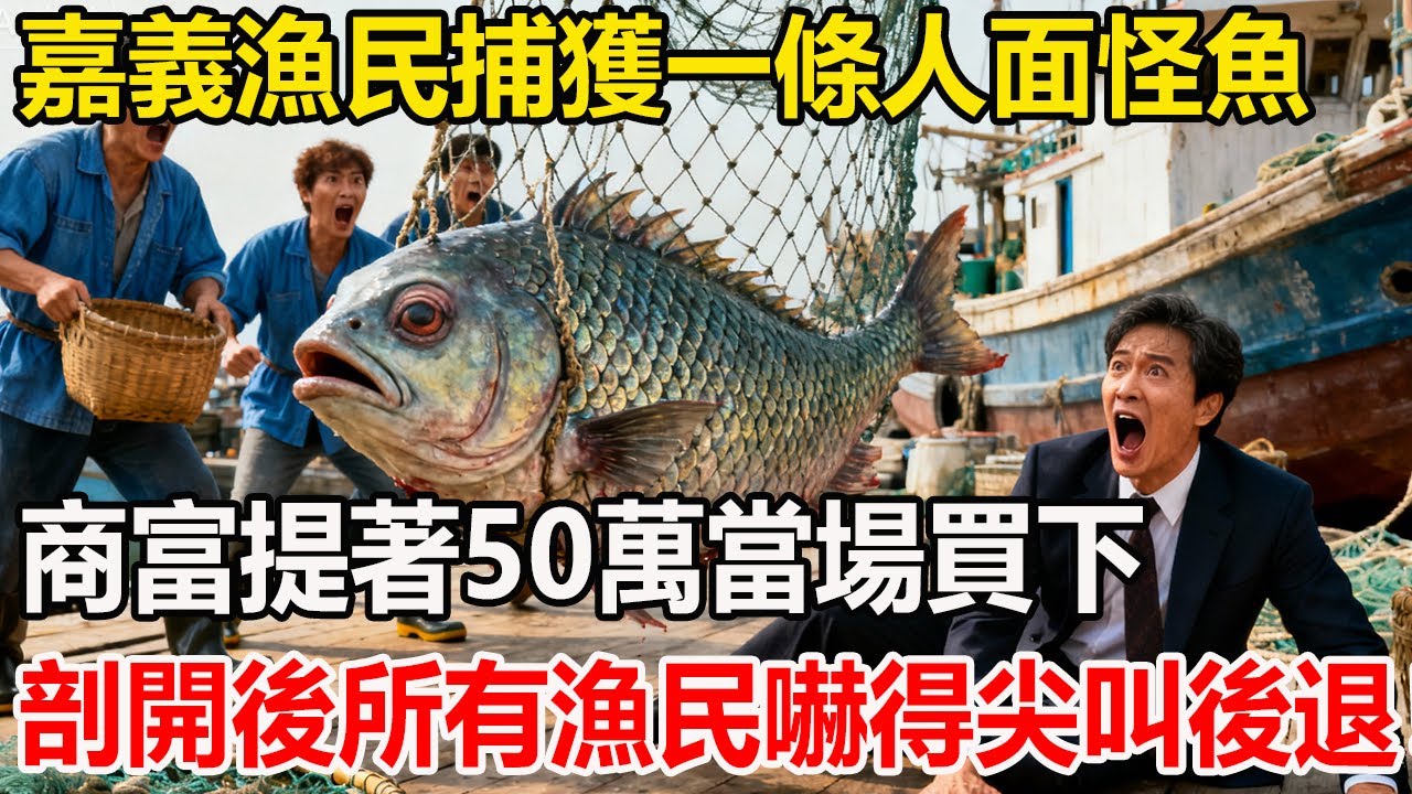 嘉義漁民捕獲一條人面怪魚，商富提著50萬當場買下，剖開魚肚瞬間，在場漁民嚇得尖叫後退！