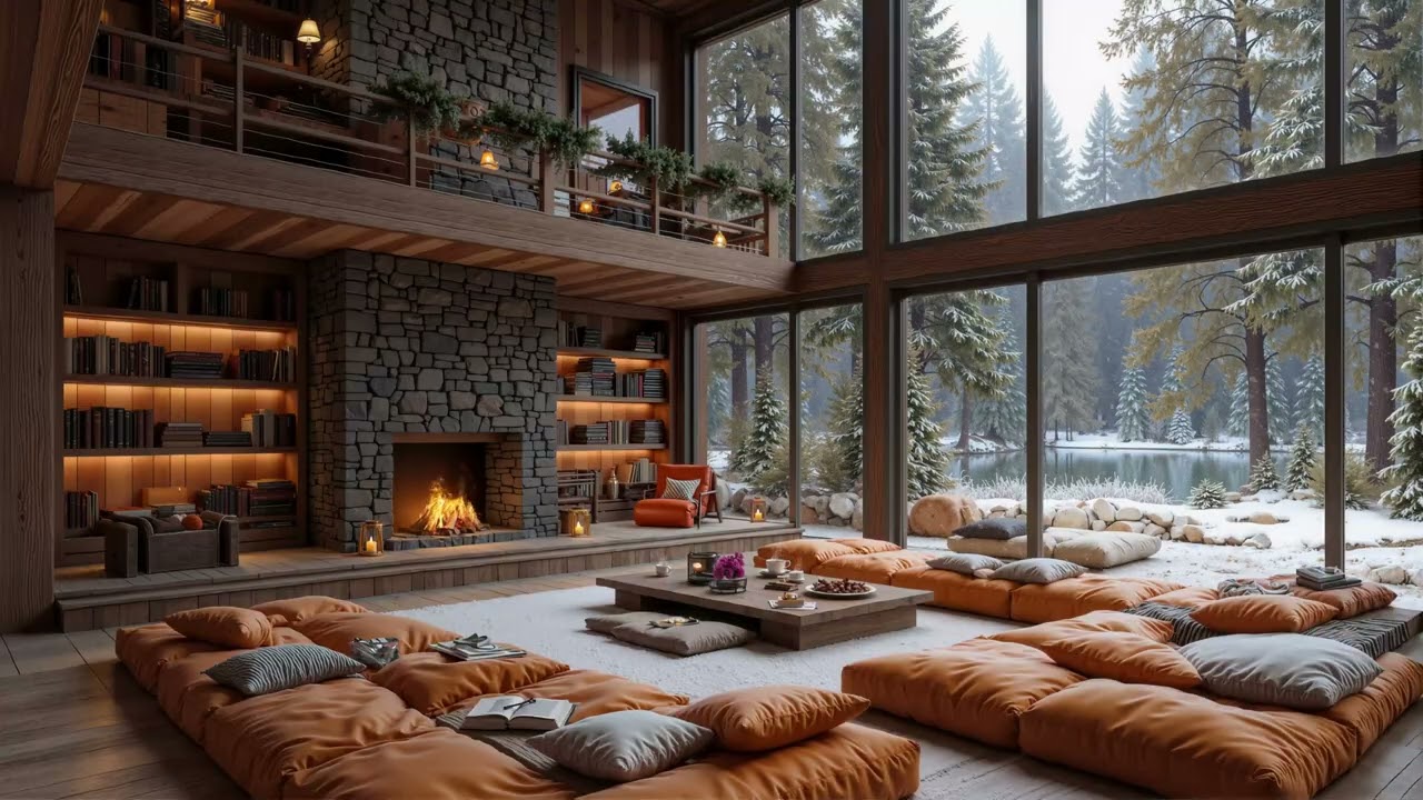 Winter Jazz Music with Crackling Fireplace 🔥 Snowy Cabin Ambience for Calm Focus
