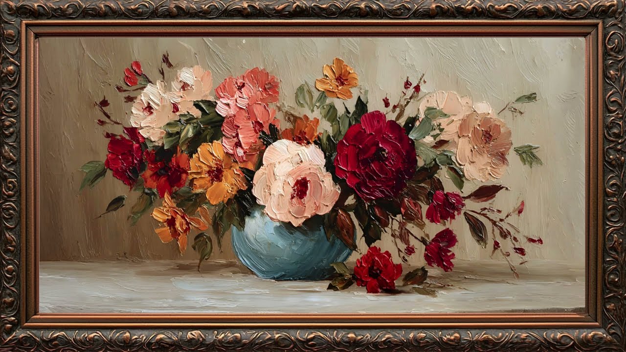 Luxurious Vintage Blooming Flowers FRAME TV ART | Frame TV ART | Golden Framed Art |