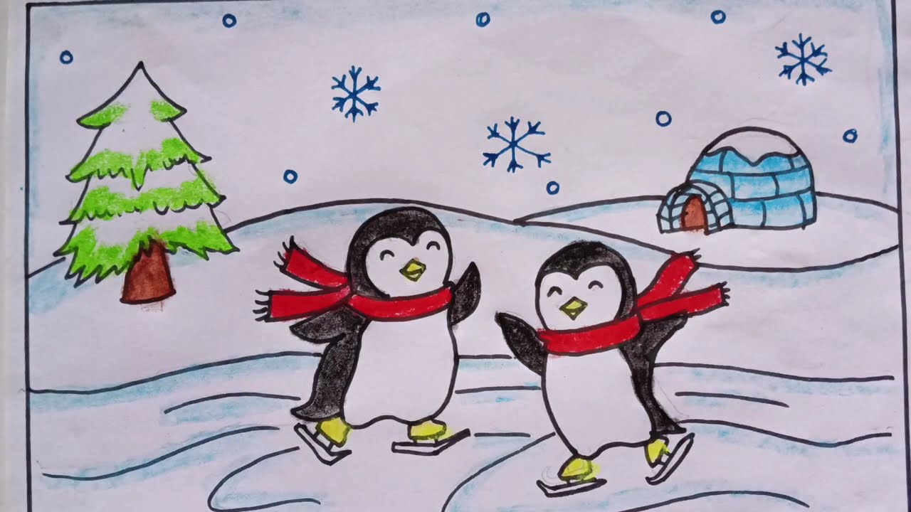 Easy Winter Season Drawing | Ice Skating Scenery Step by Step | Winter Drawing Winter Scenery drawin