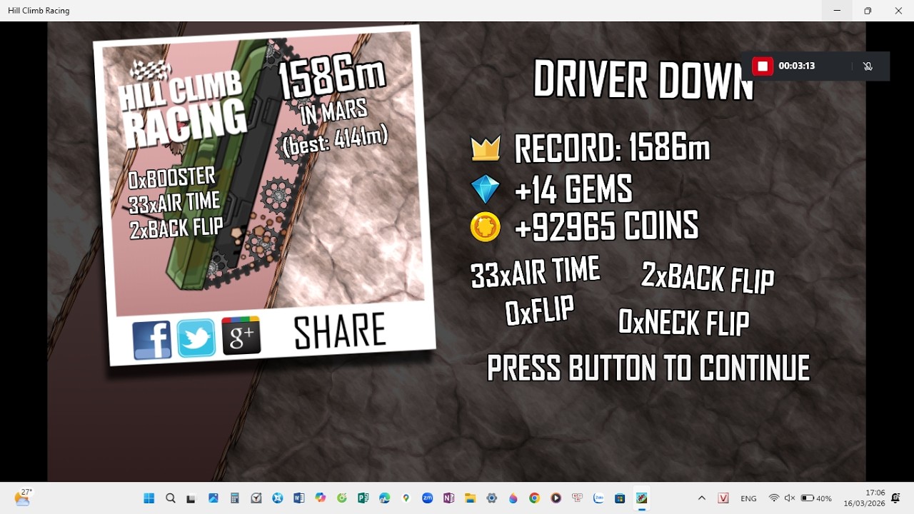 [Current Tied WR]Hill Climb Racing: Tank & Mars 1586m