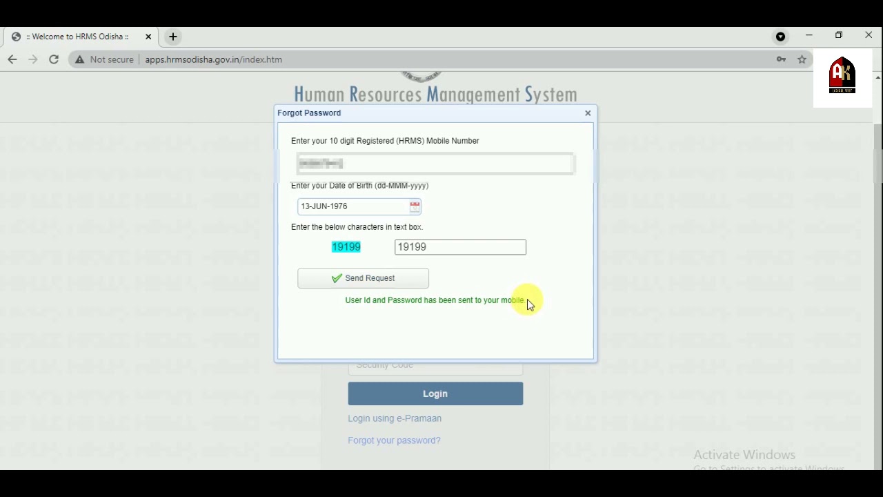 how to get hrms orissa forgot user id password