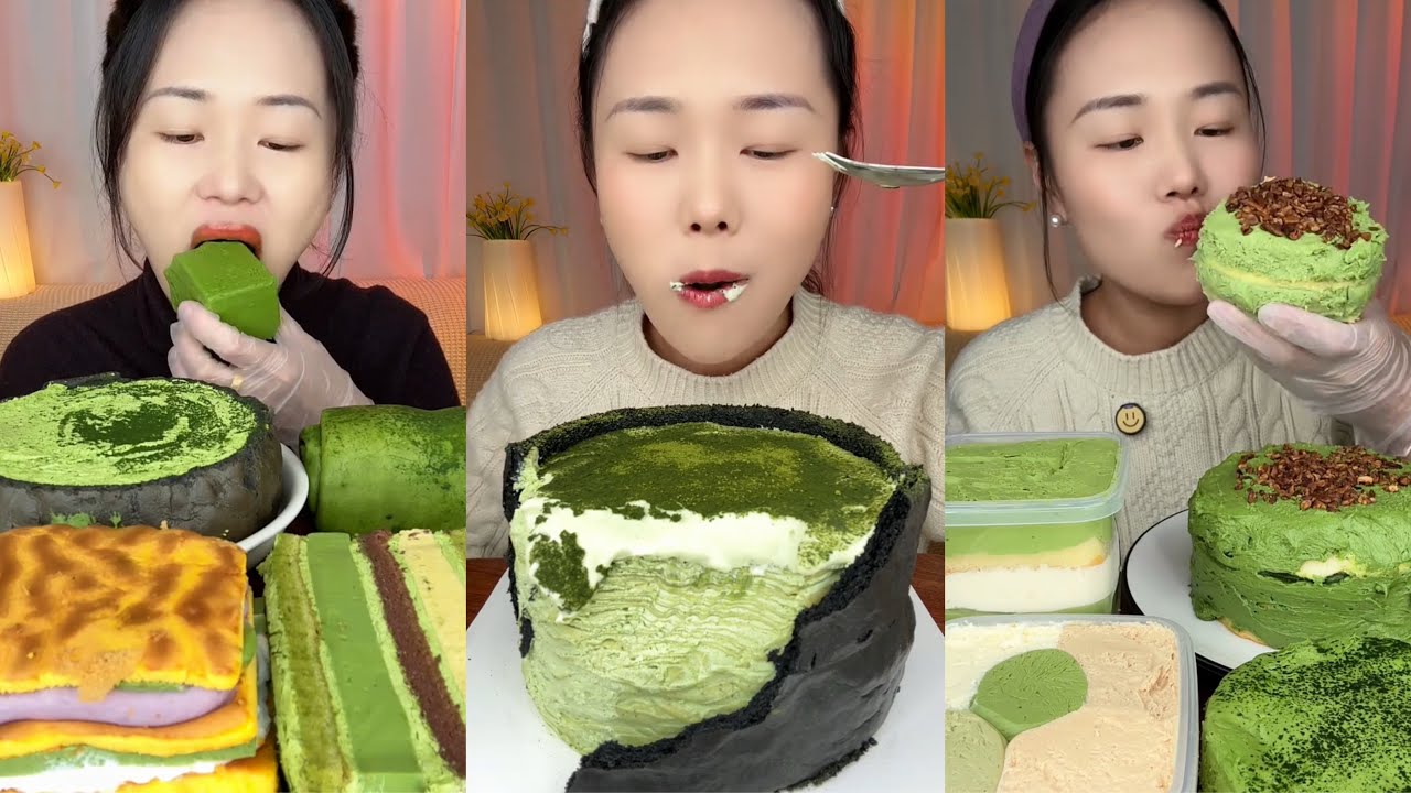 asmr mukbang – matcha dessert eating | green tea cake, soft cream & relaxing eating sounds