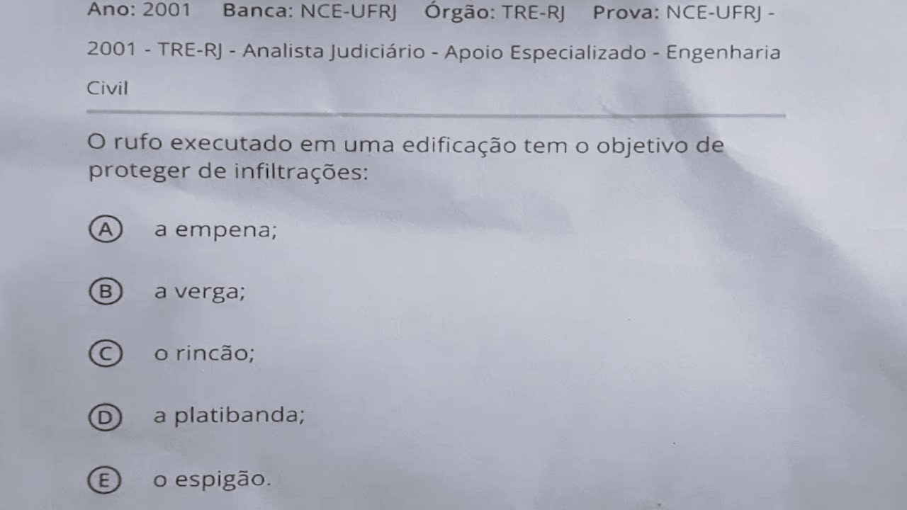 Quest&atilde;o resolvida sobre telhados rufo empena verga rinc&atilde;o platibanda espig&atilde;o engenharia civil
