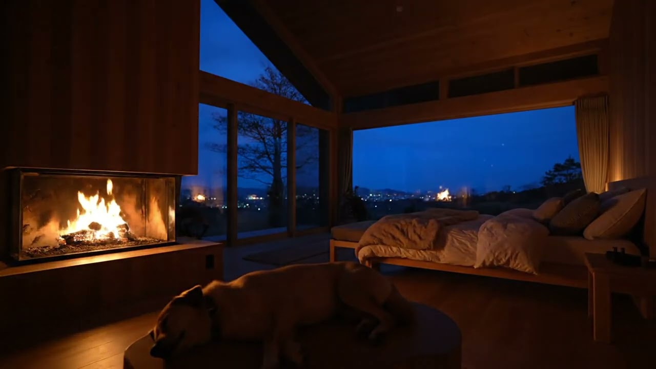 Cozy Fireplace Bedroom at Night 🔥🐕 | Warm Room Ambience for Deep Sleep (1 Hour)
