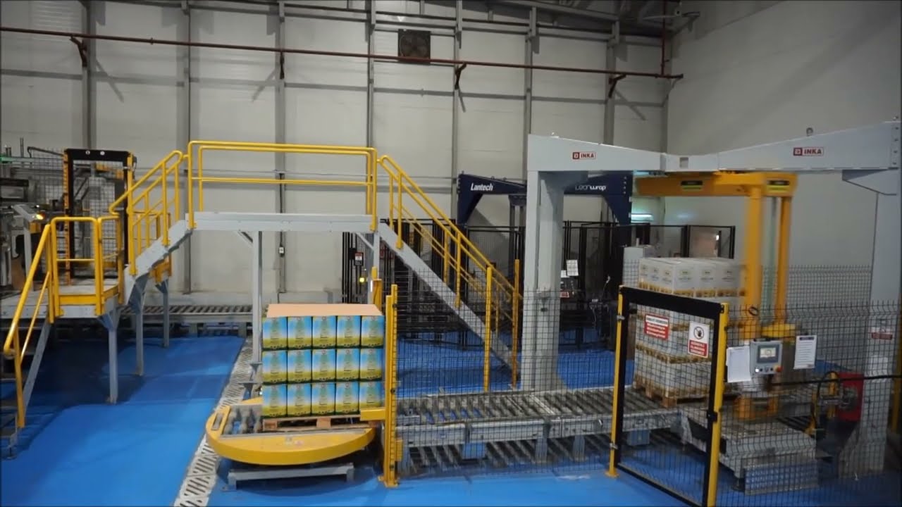Inline Palletizing System  + Full Automatic Stretch Wrapper With Rotating Arm
