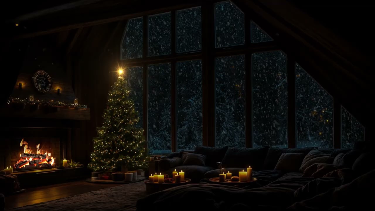 Cozy Christmas Cabin Ambience 🎄 Fireplace Crackling & Snow Falling Outside ❄️