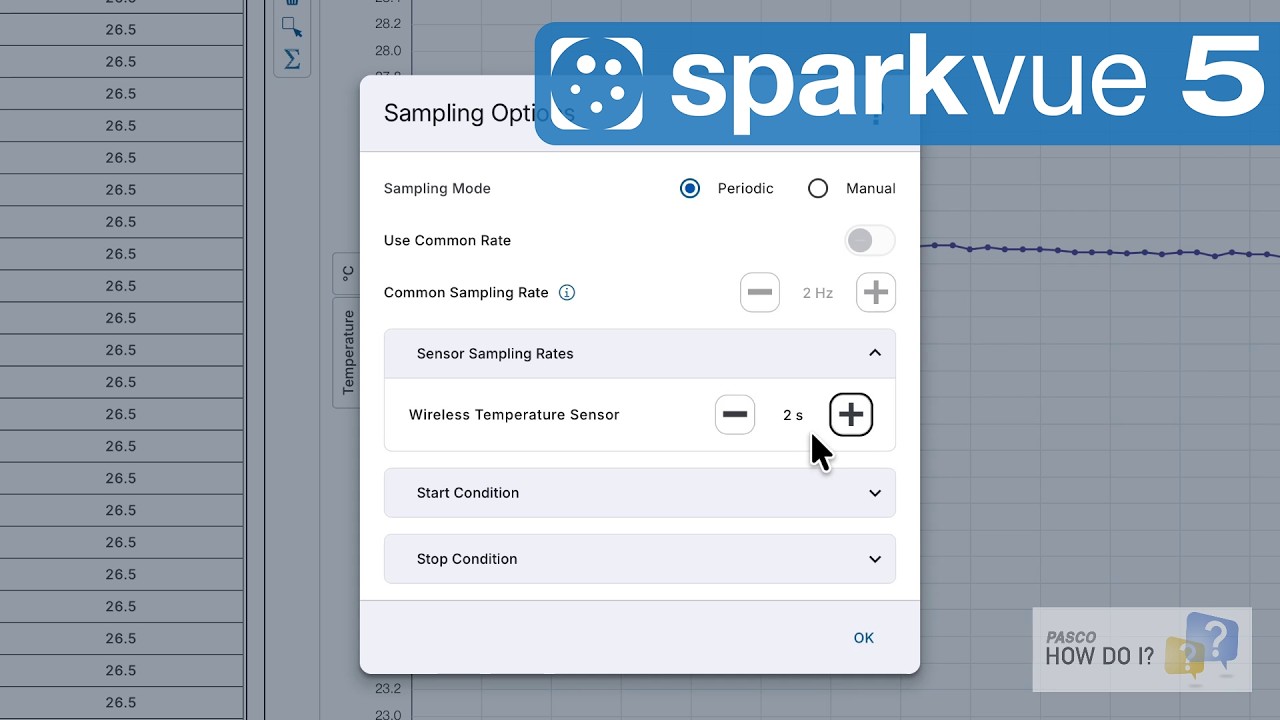 Zmiana częstotliwości pr&oacute;bkowania czujnika (Sparkvue 5)