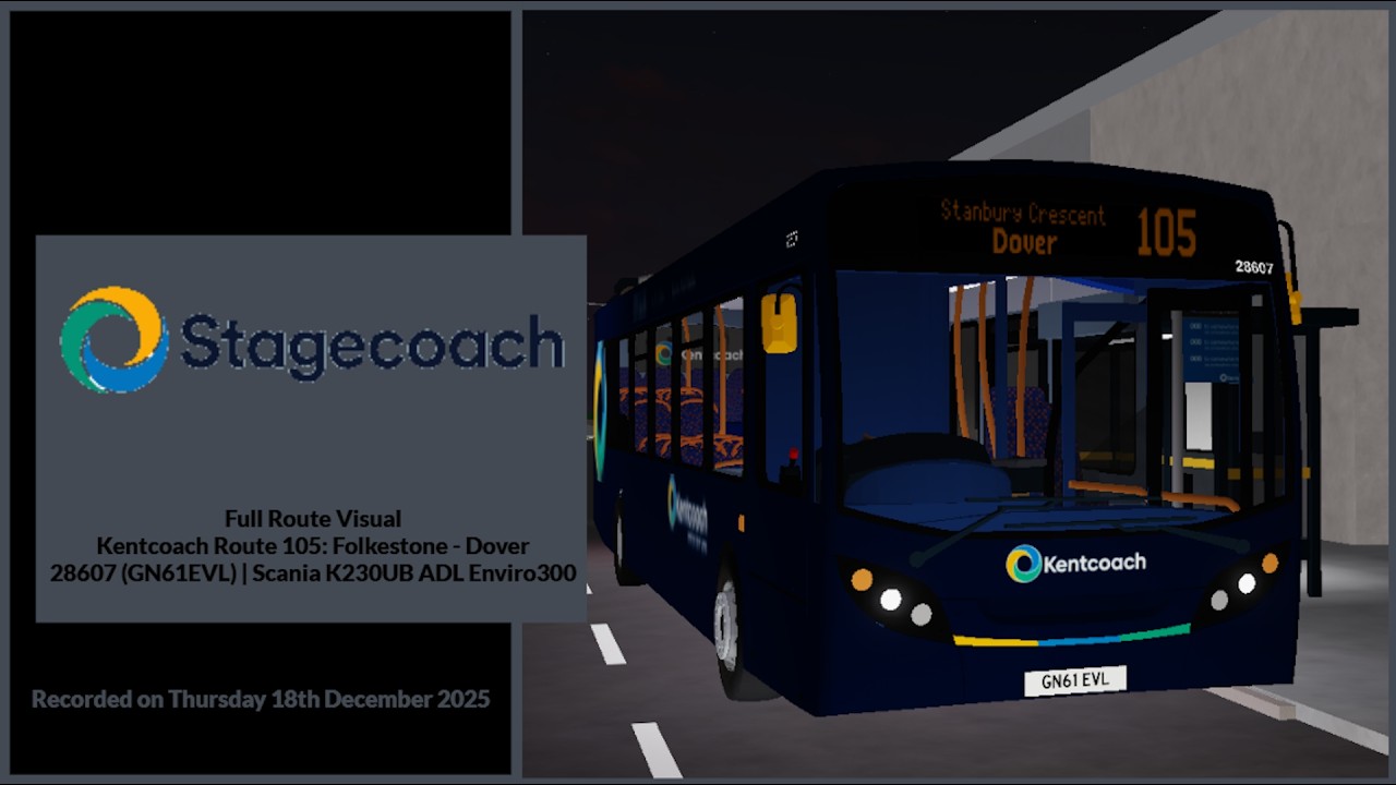 Full Route Visual | Kentcoach Route 105: Folkestone - Dover | 28607 (GN61EVL)