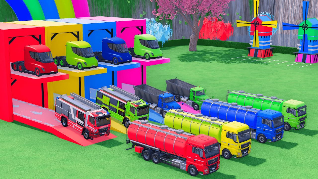 Garage with Colors - ALL MIXER TRUCK WITH DOUBLE FLATBED TRAILER TRUCK, MAN, TESLA, MACK, FS22