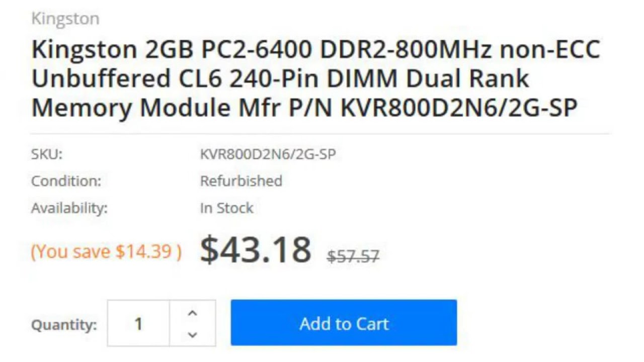 Kingston 2GB PC2-6400 DDR2-800MHz 240-Pin DIMM Dual Rank Memory Module Mfr P/N KVR800D2N6/2G-SP