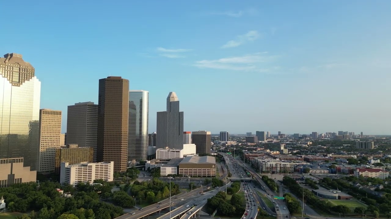 20230721 Houston Downtown Seen with DJI Mini 3 Pro at Altitude Limit in Early Golden Hour