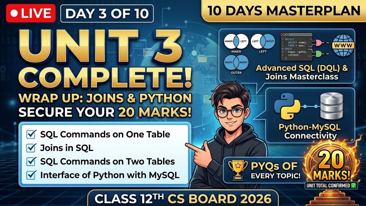 🔴 LIVE: SQL Joins, Two Tables & Python-MySQL | Class 12 CS Board 2026 | Day 3 Masterplan