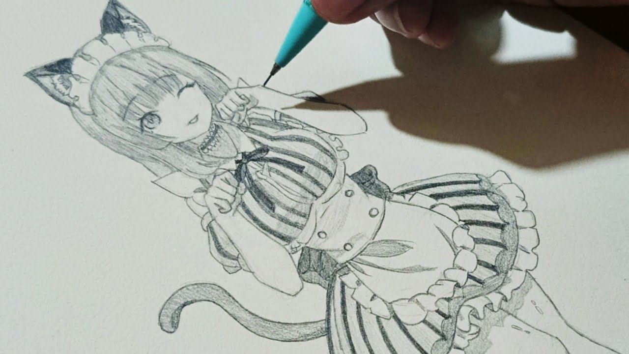 Draw with a pencil : Draw a girl wearing cat maid outfit
