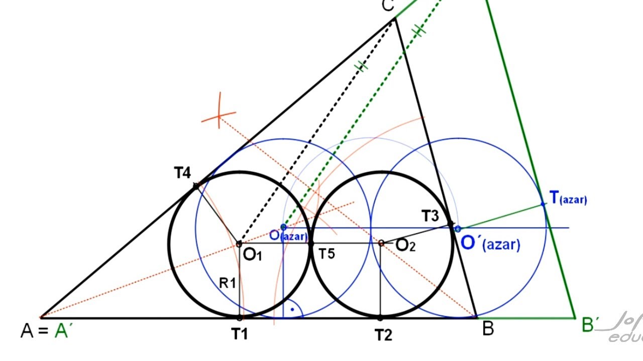 Dibujar dos circunferencias tangentes a dos lados de un triángulo A, B y C, y tangentes entre sí.