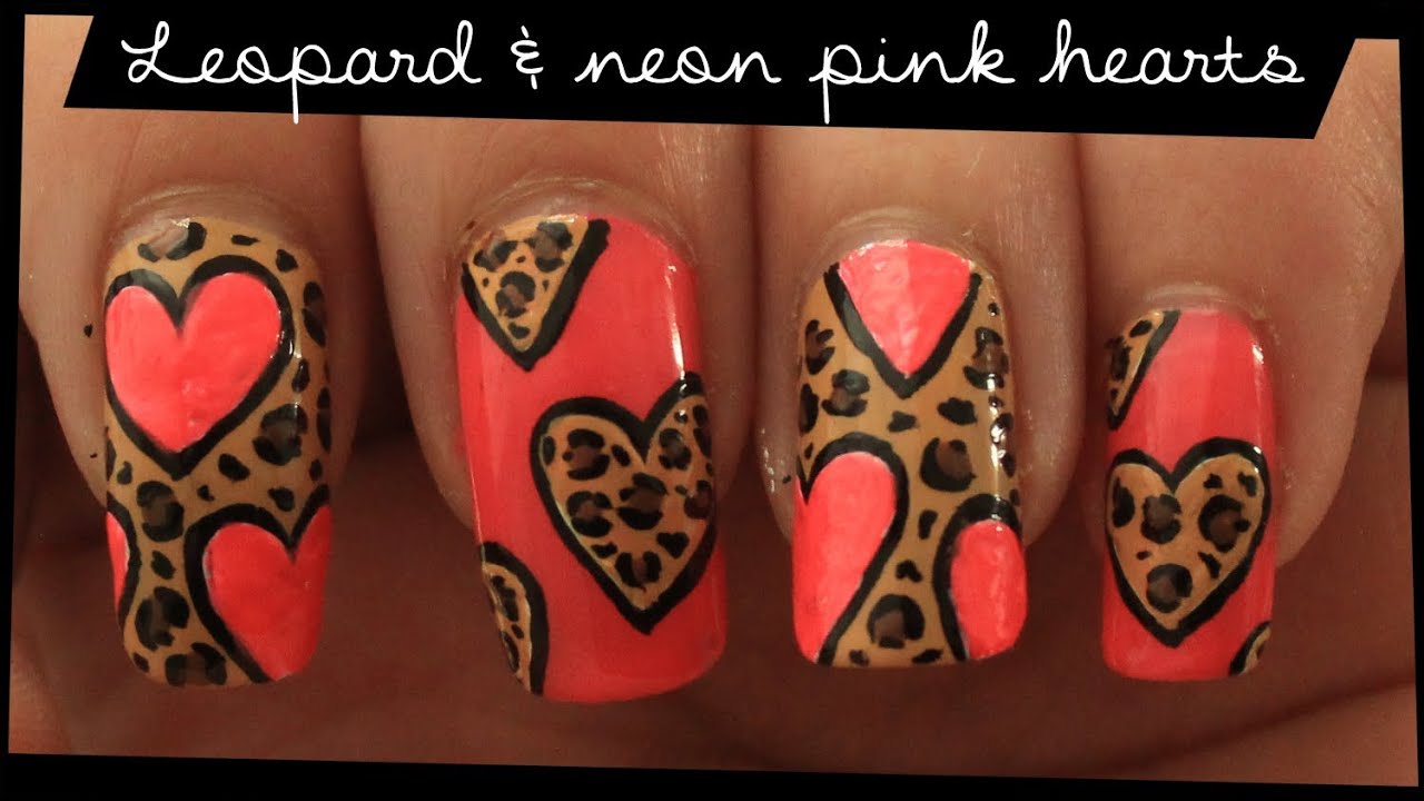 Leopard & Neon Pink Hearts nail art