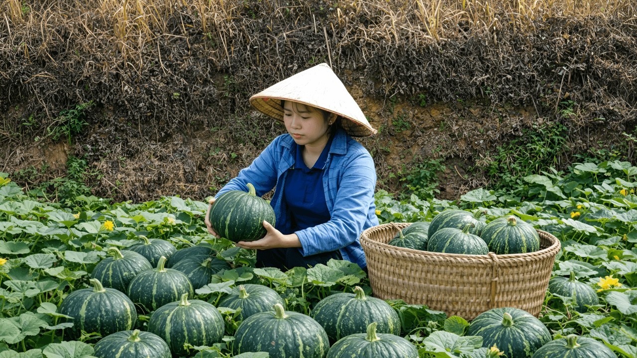 Harvesting pumpkins for sale - Delicious steamed pumpkins stuffed with minced meat, a peaceful life