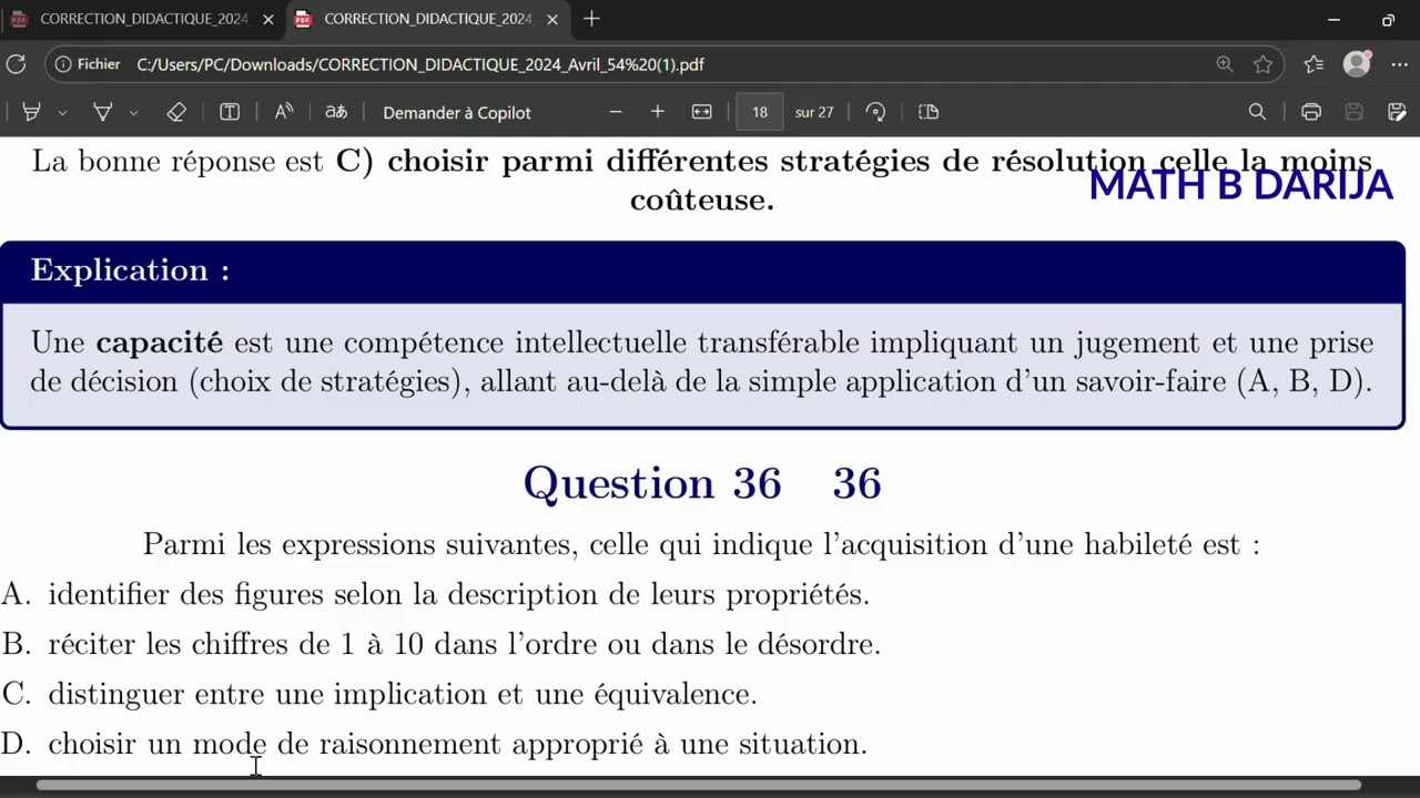 Correction Didactique des Questions 31 à 40 – Mathématiques Section Avril