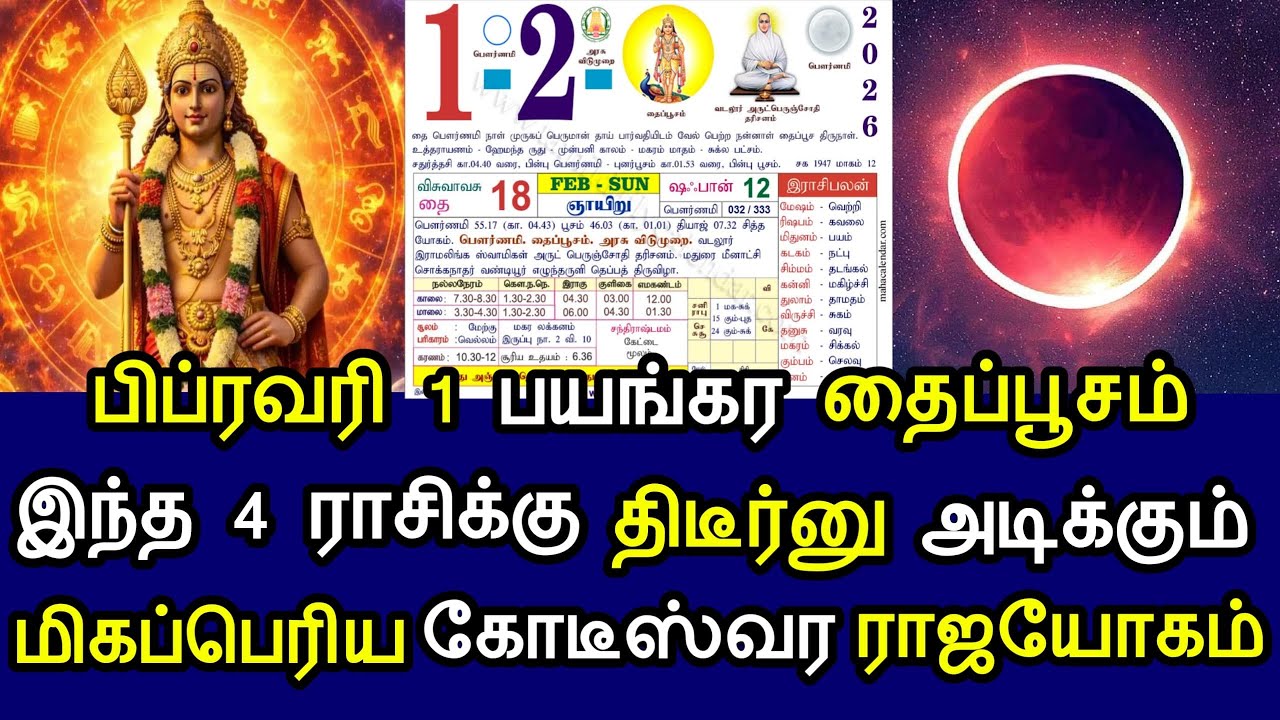 பிப்ரவரி 1 பயங்கர தைப்பூசம்! இந்த 4 ராசிக்கு திடீர்னு அடிக்கும் மிகப்பெரிய ராஜயோகம்