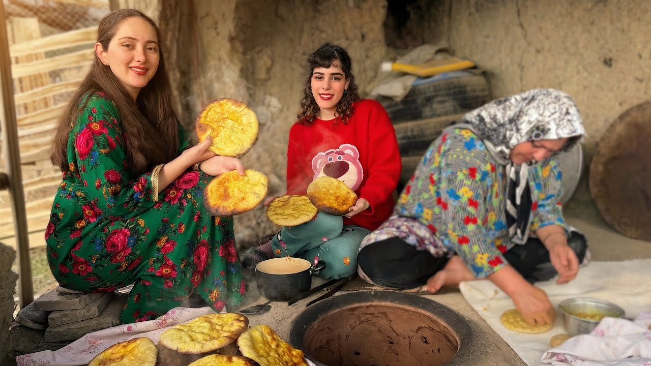 Village Cooking in Iran | Traditional Fatir Bread Baking in Clay Oven + Cozy Tea Time 🍞☕