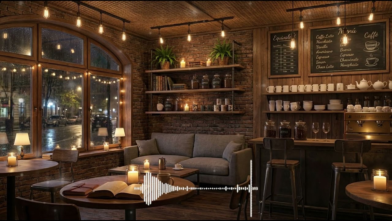 Cozy Coffee Shop with Gentle Night Rain ☕ Smooth & Jazz Music For Relax/Study/Work to Vibes 🎷✨