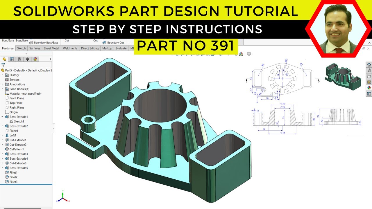 SolidWorks Tutorial: Complex Part Modeling with Loft and Circular Pattern & Fillets | Part No 391