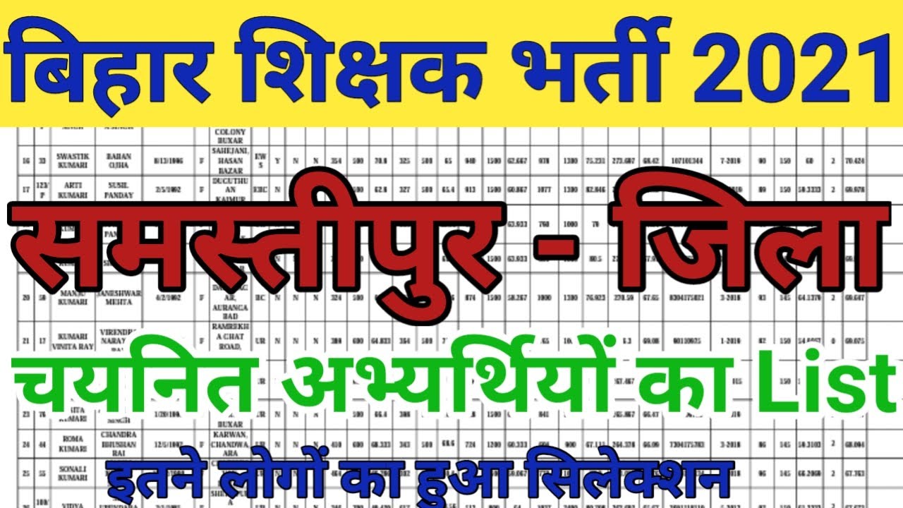 Bihar teacher selected list Samastipur District | teacher selected list Samastipur Bihar.