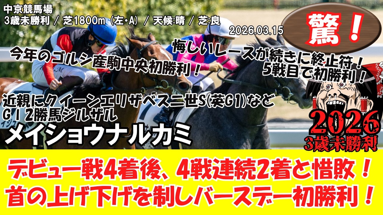 【競馬】 驚き！4戦連続2着と惜敗に終止符！首の上げ下げを制しバースデー初勝利！ 3歳未勝利 (2026.03.15・中京5R) 2026 / メイショウナルカミ