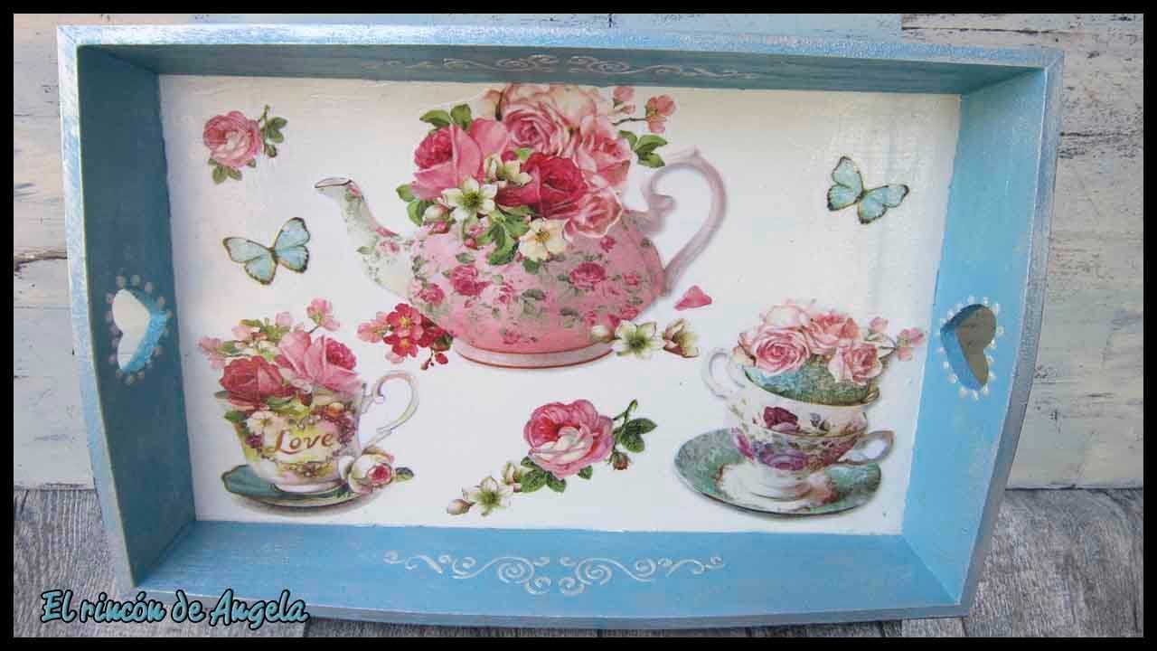 DIY-Bandeja de madera decorada con decoupage y papel de arroz - Manualidades
