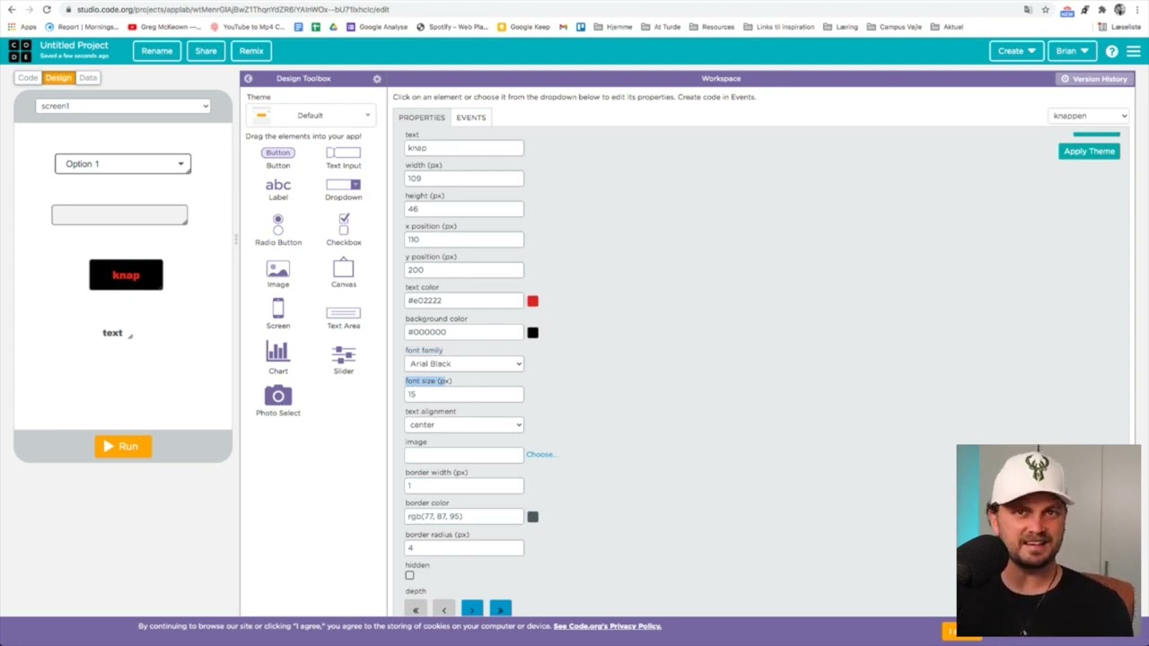 Knapper, inputfelter, tekst og dropdown i App Lab på Code.org [Erhvervsinformatik C]
