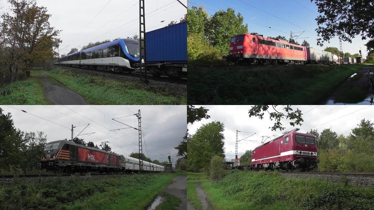 Bahnverkehr in Bergkamen mit U-Bahn Überführung, Deltarail 143, Br 151, 193 361, HSL Löwe uvm.