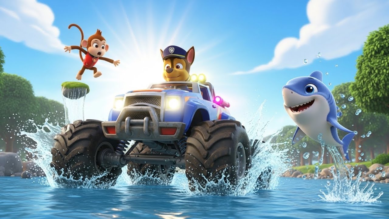 PAW Patrol Monster Trucks Save Baby Shark & Monkey! 🌊🐾
