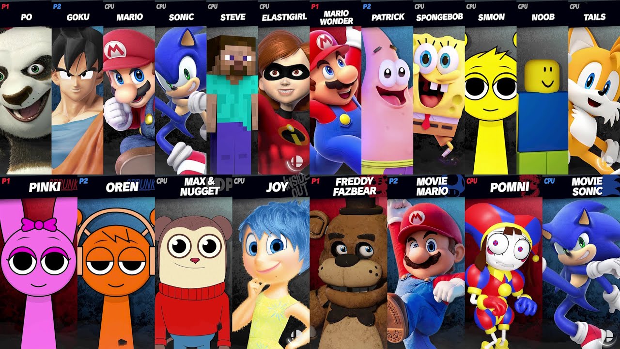 Sonic vs Mario vs SpongeBob vs Pomni vs Steve vs Noob vs Freddy in Super Smash Bros Ultimate