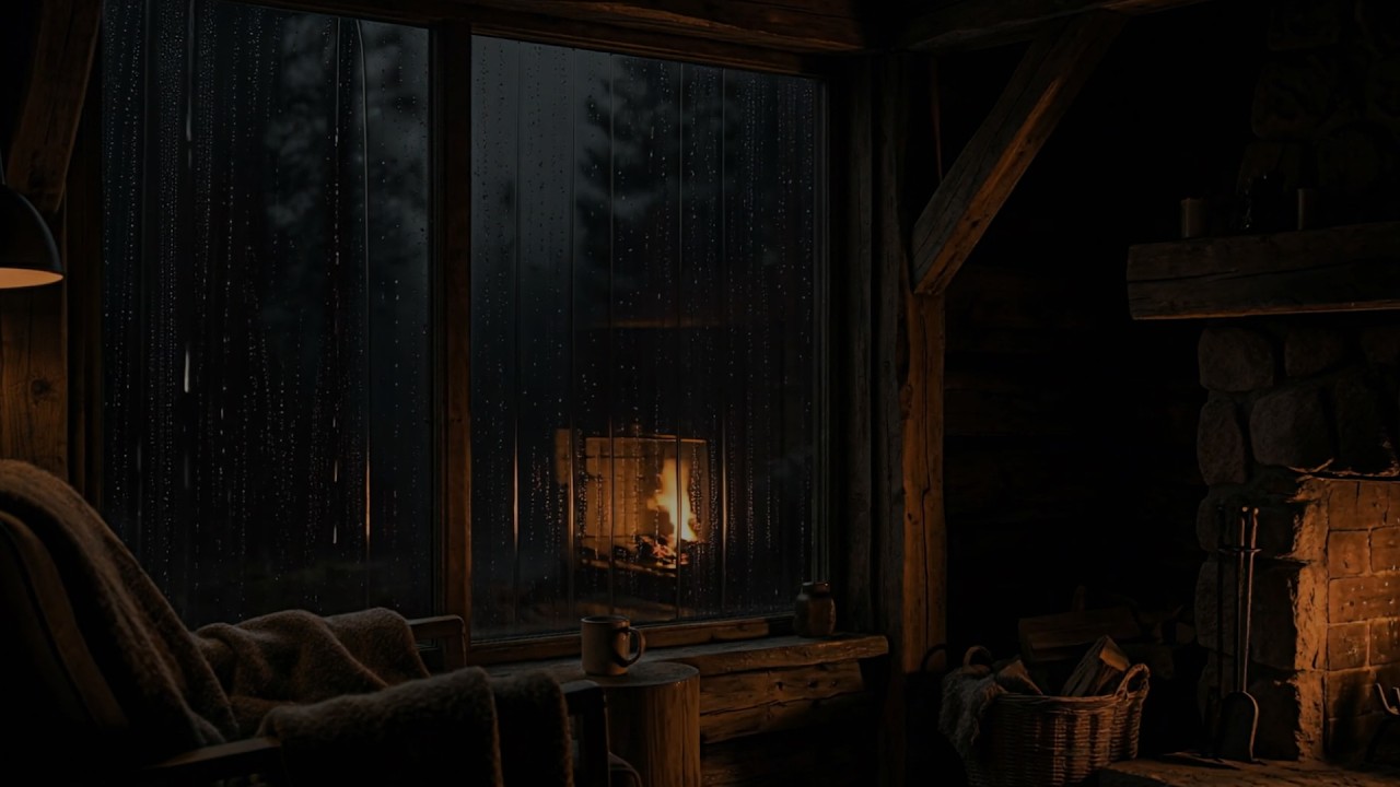 Rain Sounds for Sleep | Fireplace at Night | Cozy Cabin Ambience 4K