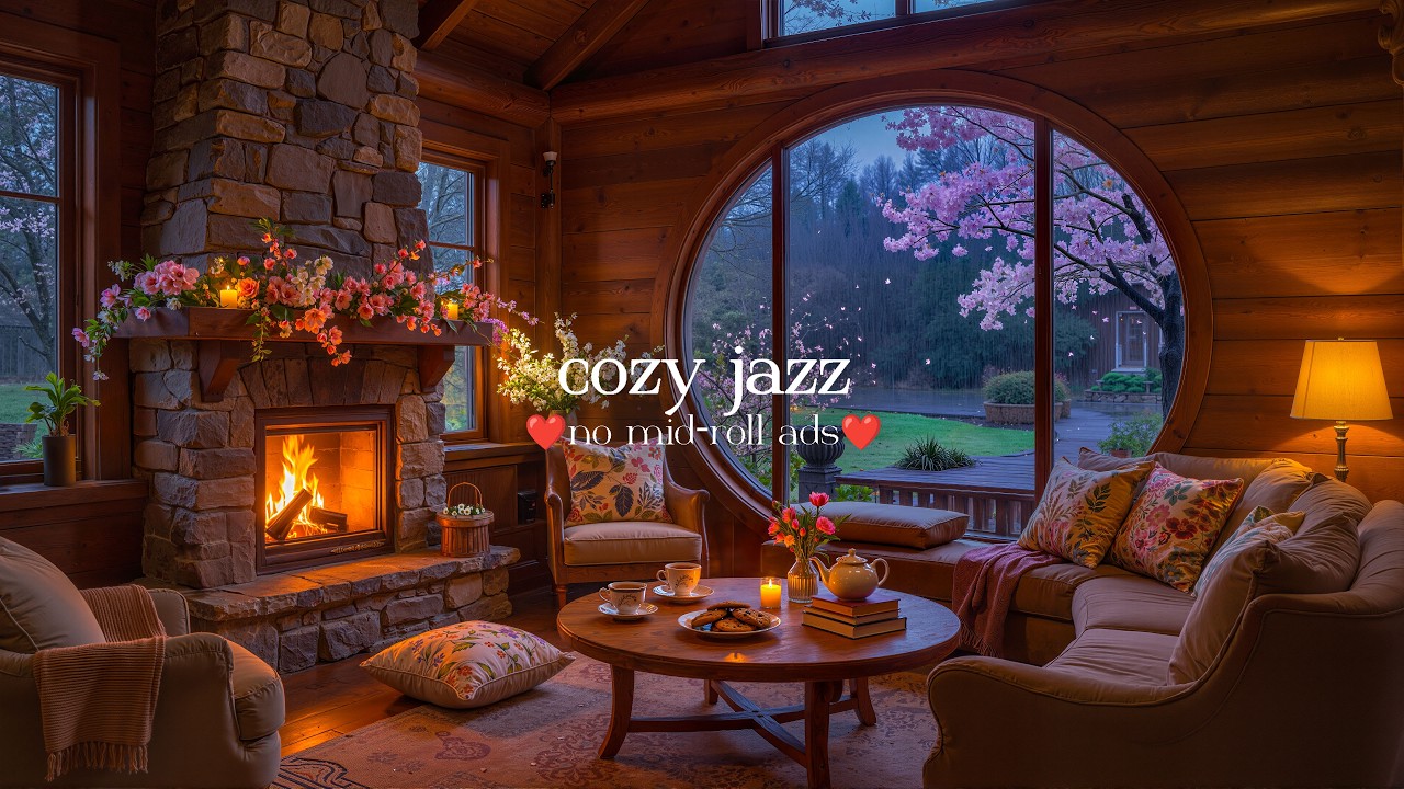 (NO MID-ROLL ADS) Calm & Relaxing Spring Jazz 🌸 Spring Cozy Ambience & Crackling Fireplace Sounds