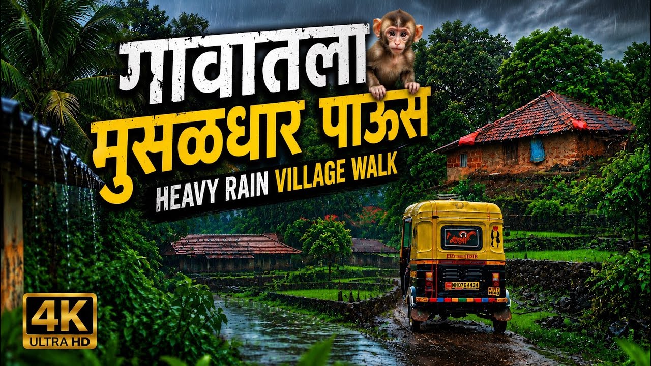  😍🌧️कोकणातील मुसळधार पाऊस 🌴 | HEAVY RAIN VILLAGE WALK | Ultra HD🍃😍✨