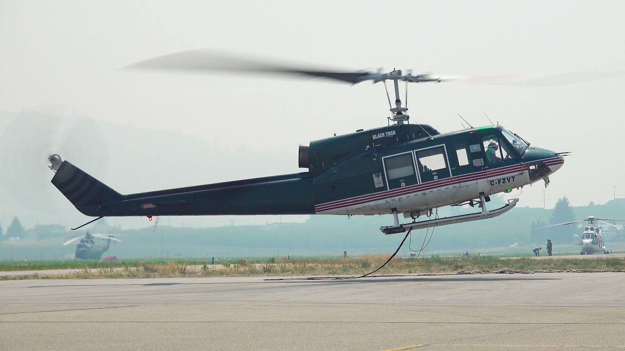 Black Tusk Bell 214 Fire Attack Helicopter (C-FZVT) take-off from Oliver Airport, BC - Canada (CAU3)
