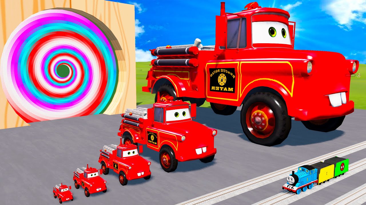 Big & Small Red Mcqueen Fire Truck VS Thomas Trains - Slide Colors vs Giant Pit - BeamNG.drive
