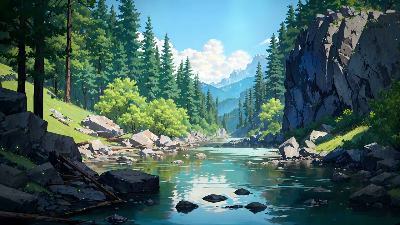 Anime river in the woods I free 4k live wallpaper