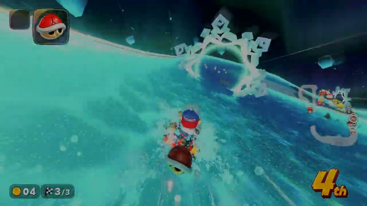 Mario at it again riding his kart in a race.