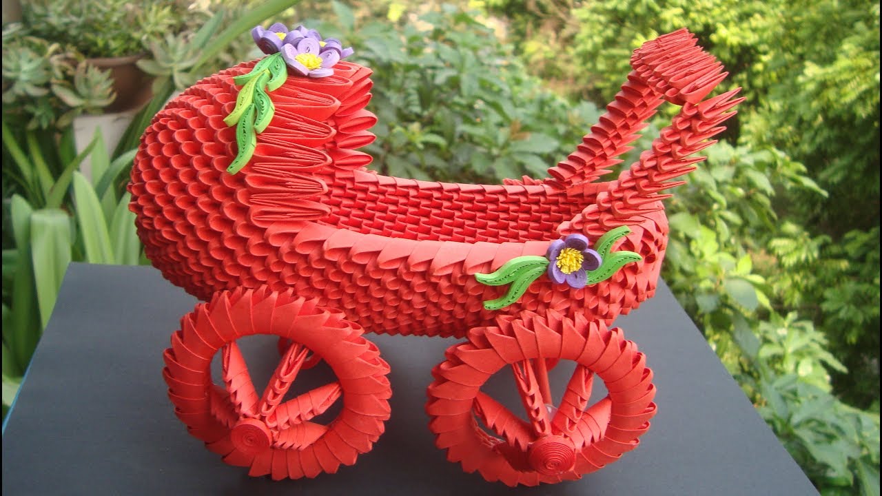 How To Make 3D Origami Baby Carriage ( Can Move )| DIY Paper Baby Carriage Home Decor