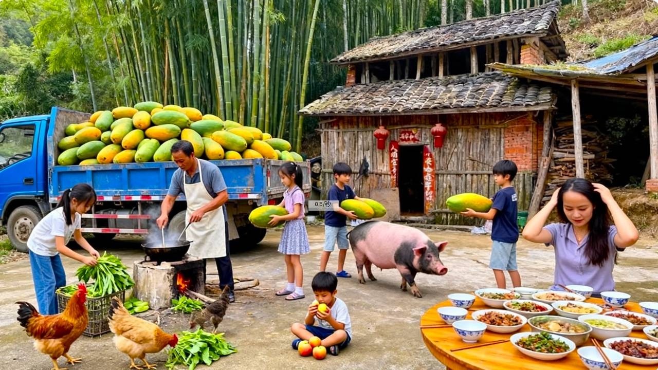 【一家七口隐居深山】妈妈忙着整理木瓜，孩子们主动做午饭，治愈又充满烟火气！#农村生活#vlog#山居生活