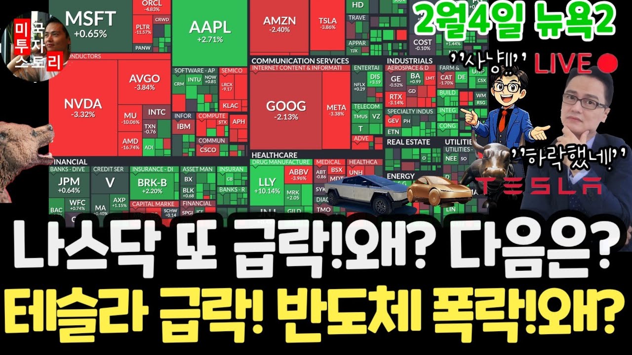 미국주식시황/반도체 기술주 폭락!왜? SW반등! 구글 어닝! 테슬라 엔비디아 애플 아마존 메타 마이크로소프트 팔란티어 아이온큐 ARM AMD삼성전자 MU브로드컴 샌디스크 LLY노보
