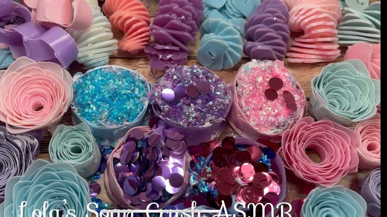 ASMR soap crushing Part 2!! Lots of soap boxes with glitter and some starch! Spirals and roses!!💙💗