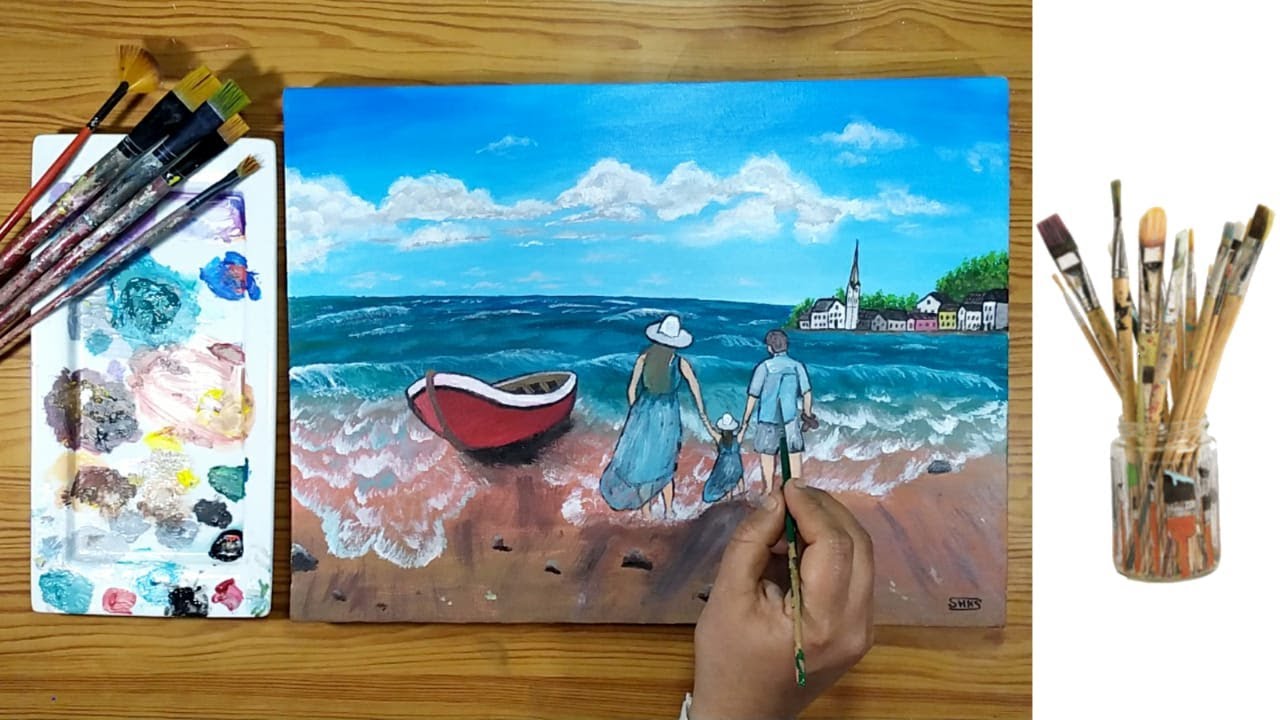 A Happy Familly Walking Along The Golden Sands Beach / Acrylic Painting #76
