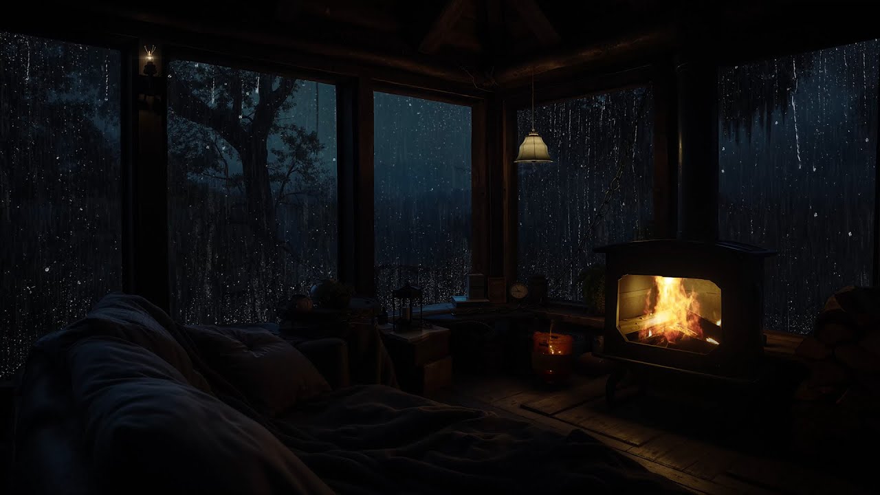 Soothing Sound in Cozy Cabin | Night Ambience with Fireplace on Rainy Forest